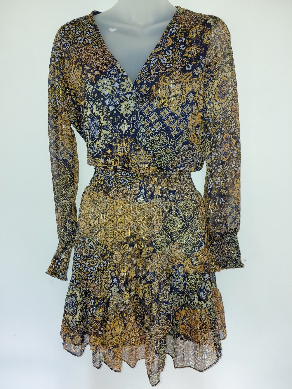 MICHAEL Michael Kors Navy and Mustard Long-Sleeve Printed Midi Dress XS